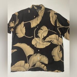 Tori Richard Hawaiian Shirt Black Gold Palm Leaf AOP Silk Blend Size L